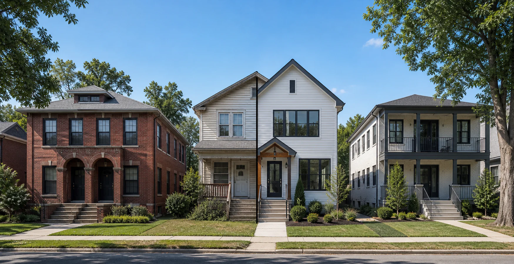 Three residential properties illustrating modeled appreciation, fix-and-flip, and BRRRR strategies